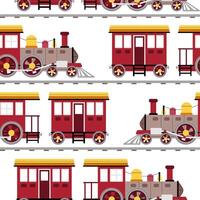 Seamless pattern with steam locomotive, rails and barrier in flat style. Childish background with toy train for fabric, wallpaper, scrapbooking, etc. vector