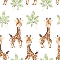 Seamless pattern with cute giraffes and palm leaves in flat style. Repeating background with African animals. Childish illustration for fabric, wallpaper, wrapping paper, scrapbooking etc vector