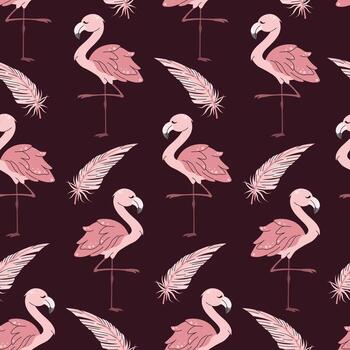 Seamless pattern with cute flamingos in flat style. Repeating background with tropical birds. Childish illustration for fabric, wallpaper, wrapping paper, scrapbooking, etc. vector
