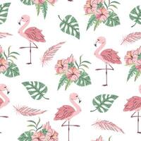 Seamless pattern with cute flamingos in flat style. Repeating background with tropical birds, hibiscus and leaves. Childish illustration for fabric, wallpaper, wrapping paper, scrapbooking, etc. vector