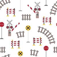 Seamless pattern with railway signs, rails and barrier in flat style. Childish background for fabric, wallpaper, scrapbooking vector