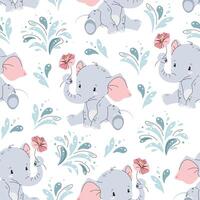 Seamless pattern with cute elephants and water splashes in flat style. Repeating background with African animals. Childish illustration for fabric, wallpaper, wrapping paper, scrapbooking etc. vector