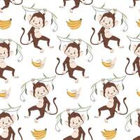 Seamless pattern with cute monkeys in flat style. Repeating background with African animals, vines and bananas. Childish illustration for fabric, wallpaper, wrapping paper, scrapbooking etc. vector