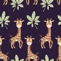 Seamless pattern with cute giraffes and palm leaves in flat style. Repeating background with African animals. Childish illustration for fabric, wallpaper, wrapping paper, scrapbooking etc vector