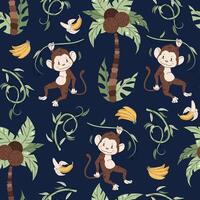 Seamless pattern with cute monkeys in flat style. Repeating background with African animals, palm trees and bananas. Childish illustration for fabric, wallpaper, wrapping paper, scrapbooking etc vector