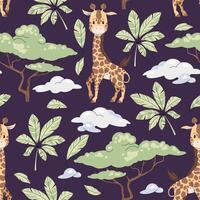 Seamless pattern with cute giraffes in flat style. Repeating background with African animals, palm leaves and acacia. Childish illustration for fabric, wallpaper, wrapping paper, scrapbooking etc vector