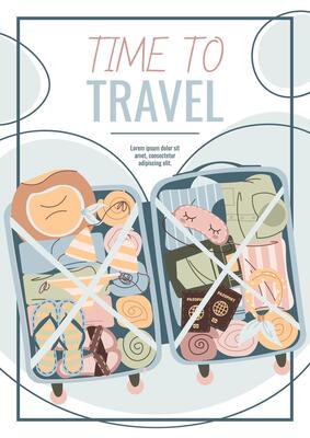 Travel flyer design. Poster with an open suitcase with clothes. Travel around the world, summer vacation. Banner for a travel agency.
