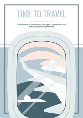 Flyer design travel. Poster with a porthole with a view of the wing of an airplane in the clouds. Travel around the world, summer vacation. Banner for a travel agency.