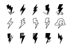 Creative collection of lightning and thunder symbols designed for weather-themed graphics and illustrations in various styles vector