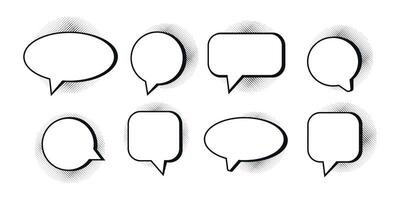 Empty speech bubbles decorated with black halftone shadow in pop art style. Various shapes vector