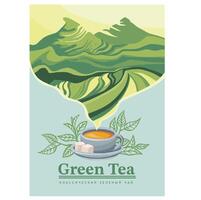 Hand drawn style steam from traditional teapot forming illustration of tea farmers collecting tea leaves in tea fields. illustration vector
