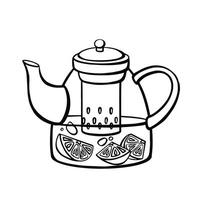Teapot with citrus drink, tea line, outline vector