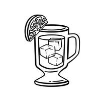 Glass with cold citrus drink, tea line, outline vector
