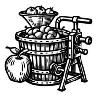 Vintage Apple Press Illustration with Apples and Juicer in Woodcut Style vector