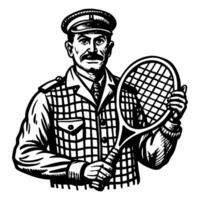Vintage Black and White Tennis Player Illustration with Racket and Cap vector