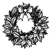 Black and White Christmas Wreath with Poinsettia and Bow Festive Holiday Illustration vector