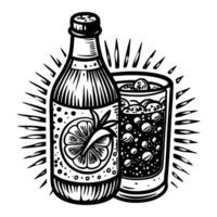 Retro Citrus Soda Bottle and Glass with Bubbles in Vintage Style vector