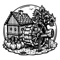 Vintage Watermill Illustration with Rustic House and Tree vector
