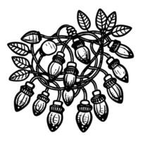 Festive String Lights with Leaves Black and White HandDrawn Illustration vector