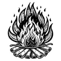 Retro Campfire Sketch with Stylized Flames and Logs Illustration vector