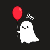 Cute ghost floating with Halloween pumpkin basket for Trick or Treat. Funny spooky boo character. Spook phantom with happy smiling face expression. Isolated kids flat illustration. vector