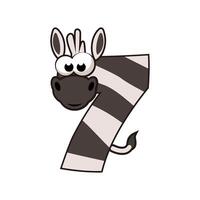 Cartoon Zebra number 7, figure Seven. Cartoon of number with a animal concept. Calligraphy, lettering, typography for your Education cards or game vector