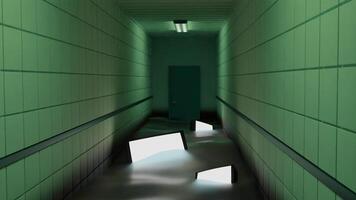 Glowing screens in water. Design. 3D corridor with water and glowing screens. Stylish futuristic animation with 3d corridor and water. Flooded hospital corridor video
