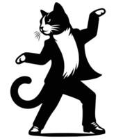 A stretching cat transitioning into a dance move silhouette solid white background vector