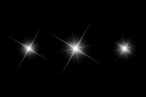 White sparkle lights, flashing lights, light effects, sunlight lens flare, sparkling starsicon on black background. vector