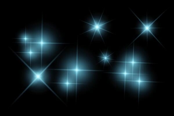 blue sparkle lights, flashing lights, light effects, glowing ray beams, sparkling starsicon on black background.