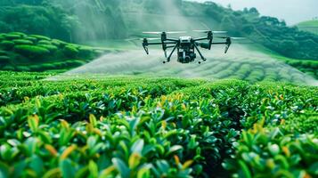 Drone fly to spray fertilizer over agricultural field, use modern technology in smart farm. photo