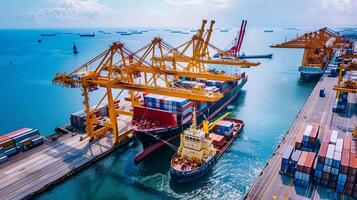 Logistics, container Cargo ship transportation with working crane bridge in deep sea port for import export. photo