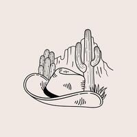Cowboy hat with desert cacti. Hand drawn illustration card in sketch style. vector