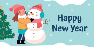 Christmas card with a picture of a girl making a snowman.Banner vector