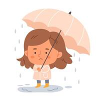 Cartoon sad girl with an umbrella in the rain.Sad girl is in a stressful state. vector