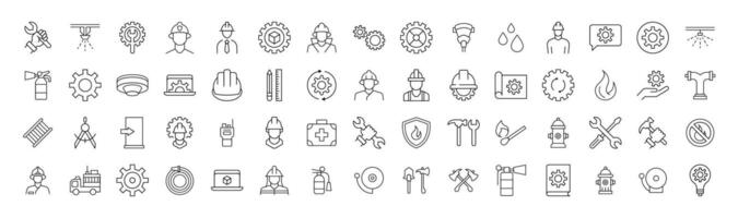 Collection of Icons of firefighter, engineer, builder for Shops and Stores. Suitable for books, stores, shops. Editable stroke in minimalistic outline style. Symbol for design vector