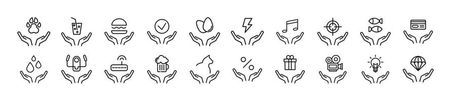Items over hands line icons collection. Editable stroke. Simple linear illustration for web sites, newspapers, articles book vector