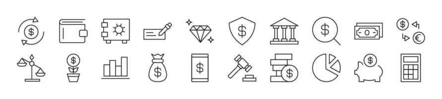 Bundle of linear symbols of banking. Editable stroke. Linear symbol for web sites, newspapers, articles book vector