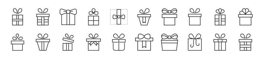 Collection of thin signs of giftbox. Editable stroke. Simple linear illustration for stores, shops, banners, design vector