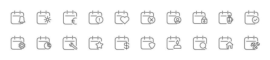 Simple outline signs of calendars with various items. Editable stroke. Line icons for web sites, newspapers, articles book vector