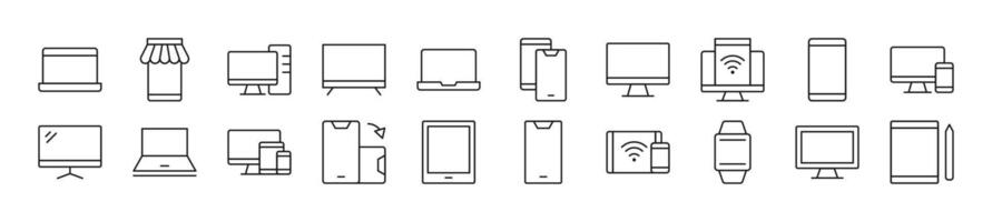 Set of line icons of computers, phones, laptops. Editable stroke. Simple outline sign for web sites, newspapers, articles book vector