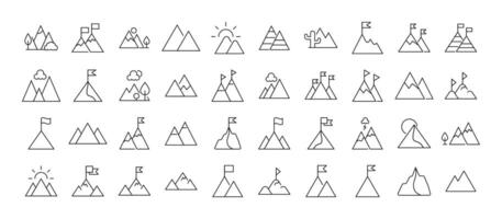 Collection of Line Icons of mountains as symbol of travel and hiking. Suitable for books, stores, shops. Editable stroke in minimalistic outline style. Symbol for design vector
