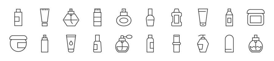 Pack of linear symbols of cosmetic bottles. Editable stroke. Linear symbol for web sites, newspapers, articles book vector