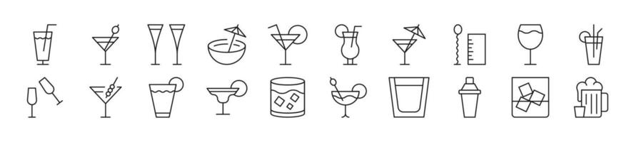 Collection of thin line icons of various beverages. Editable stroke. Simple linear illustration for web sites, newspapers, articles book vector