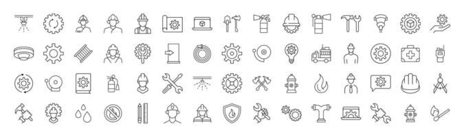 Collection of Line Signs of firefighter, engineer, builder. Suitable for books, stores, shops. Editable stroke in minimalistic outline style. Symbol for design vector