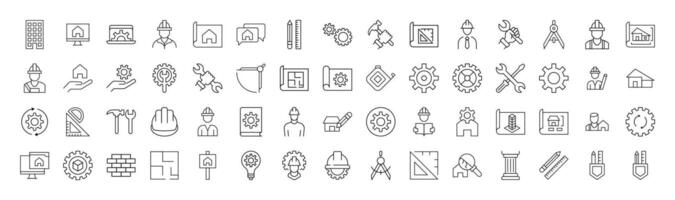 Collection of Line Icons of builder, engineer, repair and renovation. Suitable for books, stores, shops. Editable stroke in minimalistic outline style. Symbol for design vector