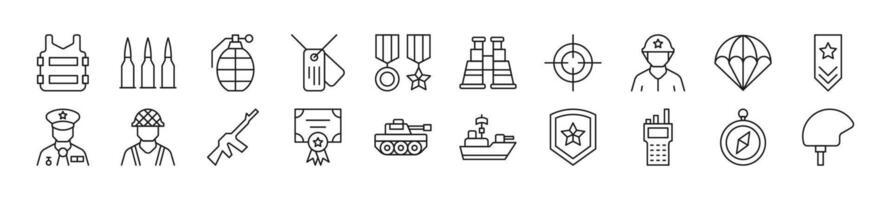 Collection of thin line icons of army. Editable stroke. Simple linear illustration for web sites, newspapers, articles book vector