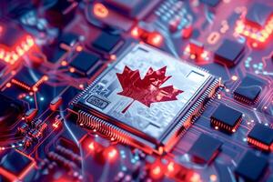 Canada flag on CPU chip circuit board computer manufacturing factory. photo
