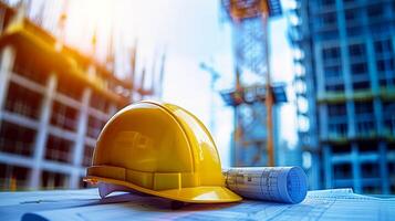 Safety first hard helmet hat and engineer tool at factory site background. photo