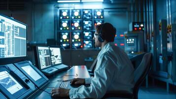 IT Engineer working in data center security room to control internet connection server. photo